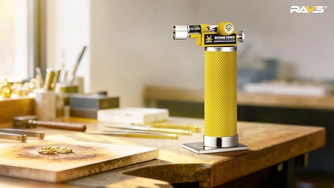 RAVS 2 Flame Mode Butane Torch Lighter, Refillable Kitchen Torch with Adjustable Flame and Safety Buckle, Yellow Jewelry Torch for Welding, Resin Art, Industrial, Butane Fuel not Include