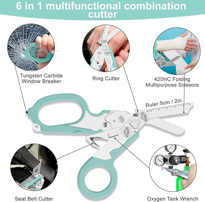 6-in-1 heavy-duty/trauma shears, Folding Retractable Emergency Shears, Outdoor Camping Tools, Seat Belt Cutter, Oxygen Cylinder Wrench, Complimentary Adjustable Wrench (Aqua blue)
