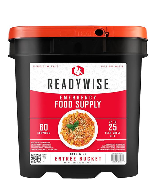 ReadyWise Entrée Bucket - 60 Servings, Emergency Food Supply for Survival Kit, Protein Meals, Freeze Dried Food, Ready to Eat Camping & Road Trip Essentials, up to 25 Year Shelf Stable Life