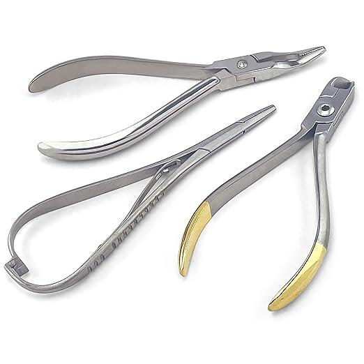 3 Pcs Orthodontic Instruments Tool Set - Hard Wire Cutter, Mathieu Ligature Elastic Placing Plier, Slim Weingart Plier