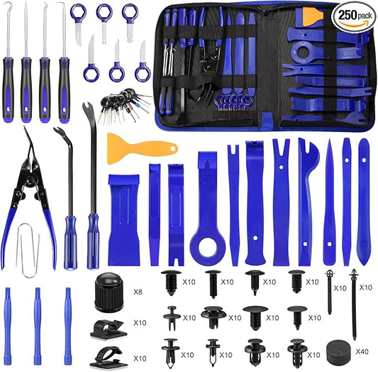 250 PCS Trim Removal Tool Kit Automotive Tools Auto Removal Set for Car Panel Dashboard Radio Puller Tool Plastic Pry Tools Clip Pliers/Fastener Pry Tool with Storage Bag (Blue)