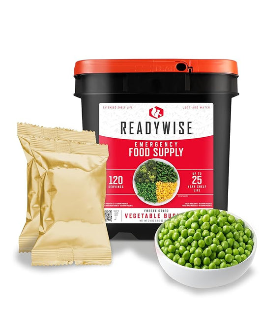 ReadyWise Emergency Food Supply - 120 Servings Freeze Dried Vegetables Bucket, Dehydrated Meals, Survival Food Kit for Backpacking, Camping Essentials & Prepping Supplies, up to 25 Year Shelf Life