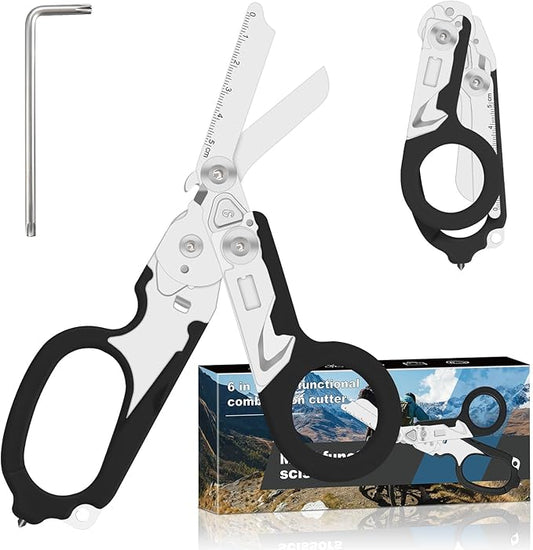 6 in 1 trauma shears, Folding Retractable Emergency Shears, Outdoor Camping Tools, Seat Belt Cutter, Oxygen Cylinder Wrench, Complimentary Adjustable Wrench (black)