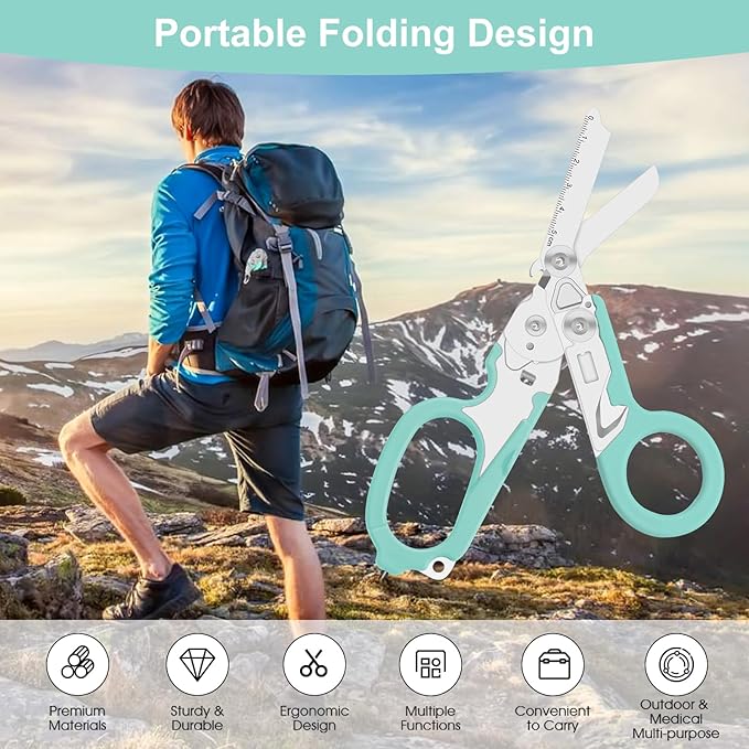 6-in-1 heavy-duty/trauma shears, Folding Retractable Emergency Shears, Outdoor Camping Tools, Seat Belt Cutter, Oxygen Cylinder Wrench, Complimentary Adjustable Wrench (Aqua blue)