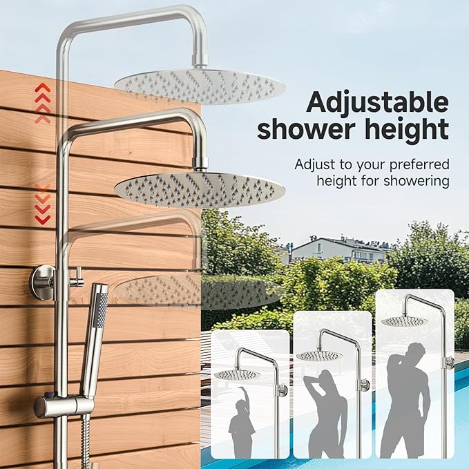 Rainsworth Outdoor Shower Kit Brushed Nickel - Single Handle Brass Valve, 10 Inch Rain Shower Head and Handheld Spray Shower Fixture Combo, SUS 304 Stainless Steel Wall-Mounted Faucet