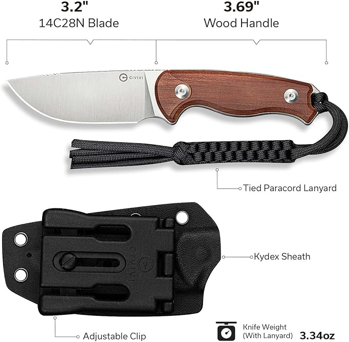 CIVIVI Timberbark Fixed Blade Knife with Kydex Sheath & Clip, 3.2" 14C28N Blade Wood Handle with Lanyard, Ideal EDC Hunting Knife for Outdoor Adventures Camping Hiking C23094-4