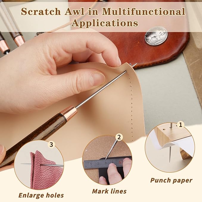 ZXIIXZ 6 Pcs Scratch Awl Tool, Awl Tool Sewing with Wooden Handle, Leather Stitching Sewing Awl Leather Scratch Awl Punch Tool for Stitching Punching Sewing DIY Leather Craft Repair