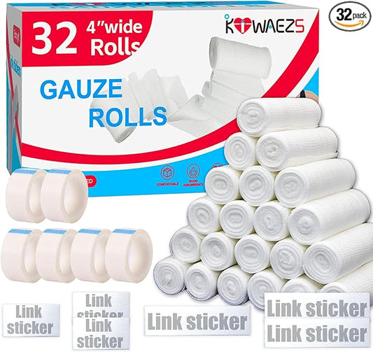 32 Pack Gauze Rolls Bandages 4 ” x 4.1 yd Premium Quality Lint and Latex-Free Conforming Stretch Designed for Effective Wound Care for Wound Dressing Support (Individually Packed)