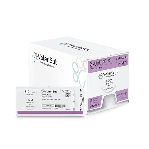 VeterSut VetCRYL Absorbable Surgical Suture USP Size 3-0, (FS-2) 3/8 19mm Reverse Cutting Needle, 36 Inches (90 cm), 12 Count, Veterinary Use