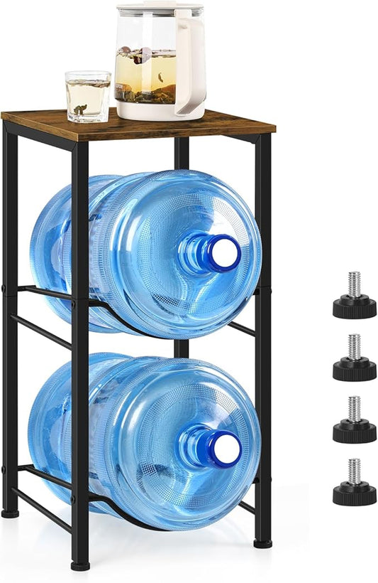 5 Gallon Water Jug Holder with Top Shelf, 2 Tier Water Dispenser Rack Stand 5 Gallon Water Bottle Storage Organizer for Kitchen, Home Office, Living Room, Rustic Brown