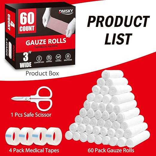 60 Pack Gauze Rolls, 3 in x 4.1 Yards, Individually Wrapped Breathable Rolled Gauze, Premium First Aid Supplies & Medical Supplies for Wounds