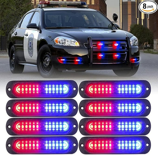 Xprite Red Blue LED Emergency Strobe Lights Kit, Surface Flush Mount Grill Grille Hazard Warning Safty Flashing Police Light for Volunteer Vehicles Off-Road Trucks Cars SUV ATV UTV Motorcycle - 8PCS