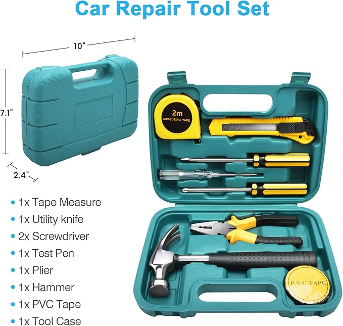 Vetoos Roadside Emergency Car Kit with Jumper Cables, Auto Vehicle Safety Road Side Assistance Kit Essentials, Winter Car Kit for Women and Men, with Repair Tool Set, Dial Tire Pressure Gauge