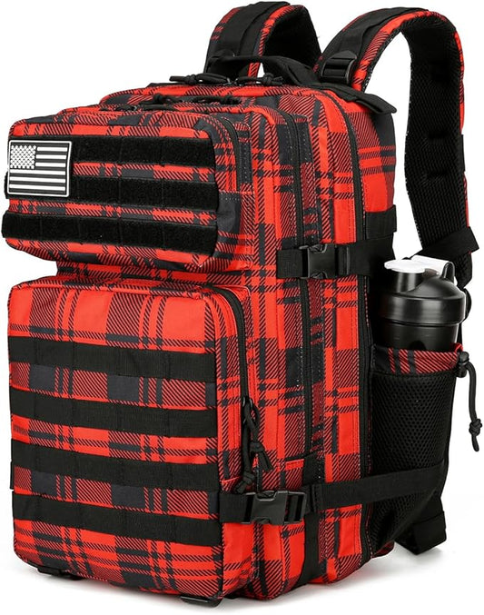 25L Tactical Backpack for Men Women Military Backpack Army Assault Pack Molle Backpack Small Bug Out Bag Travel Rucksack Daypack (Red Plaid)