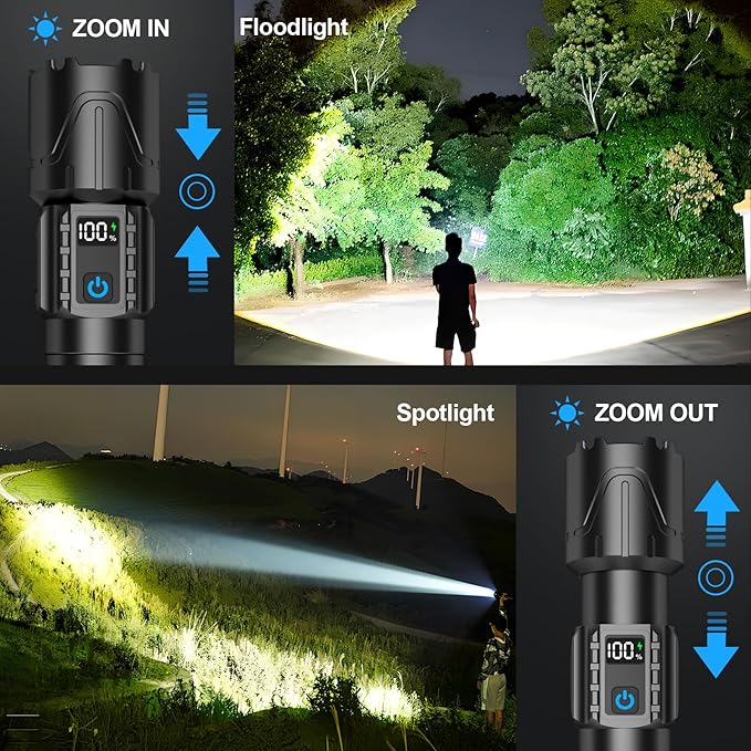 Rechargeable Flashlights High Lumens - Super Bright LED Tactical Flash Light, Powerful Waterproof Handheld USB C Flashlight for Camping,Emergencies,Home,5 Modes,Zoomable (2, Black)