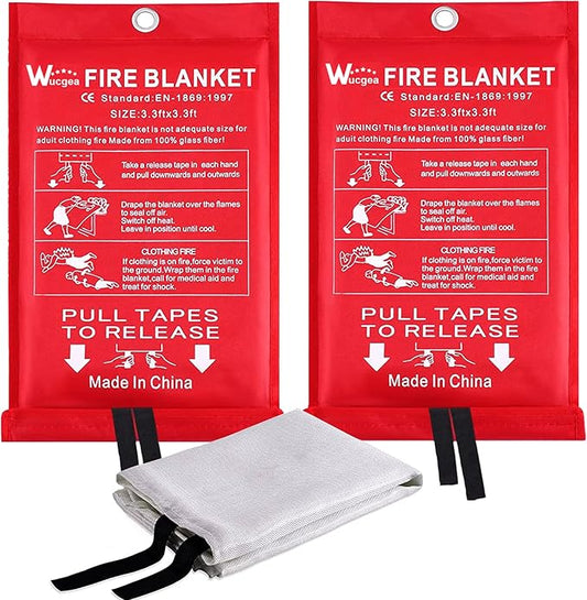 Wucgea Emergency Fire Blanket for Kitchen - 2 pack Safety Fiberglass Fire Blankets Suppression Flame Retardant for Home Survival School Fireplace Grill Car Garage Welding Warehouse 3.3ft x 3.3ft