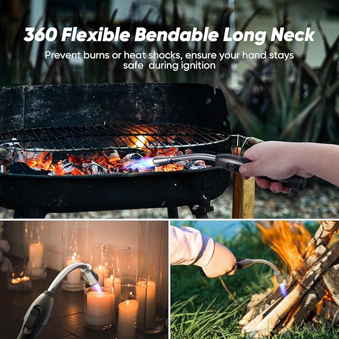 Butane Lighter Torch Long Lighter for Grill Fireplace, Refillable Lighter Windproof with Visual Fuel Window Flexible Extra Long Torch Lighter for Camping BBQ Candles (No Butane Included)