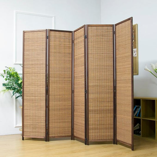 5 Panel Room Divider Screen,5.6 FT Tall Bamboo Room Divider Folding Privacy Screen,Freestanding Room Divider for Room Seperation,Brown