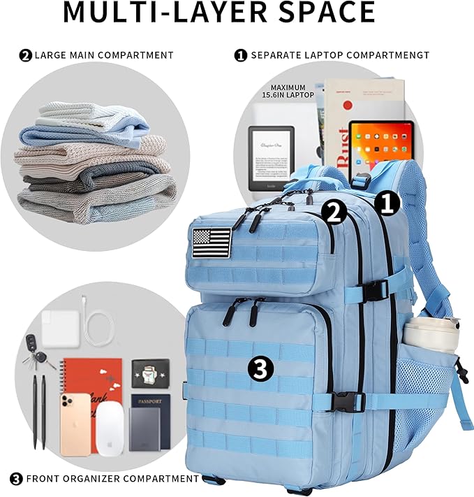 25L Tactical Military Backpack Small Travel Backpack for Men and Women Assault Pack Bug Out Bag Molle Daypack Gym Bag with Bottle Holder (Light Blue)