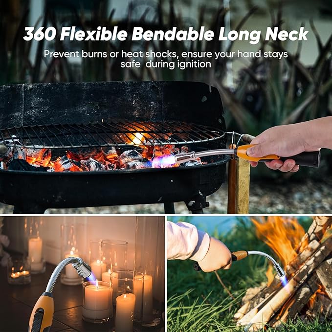 Butane Lighter Torch Long Lighter Refillable Lighter Windproof with Visual Fuel Window Flexible Extra Long Torch Lighter for Fireplace Candles (No Butane Included) (Orange, 1 Pack)