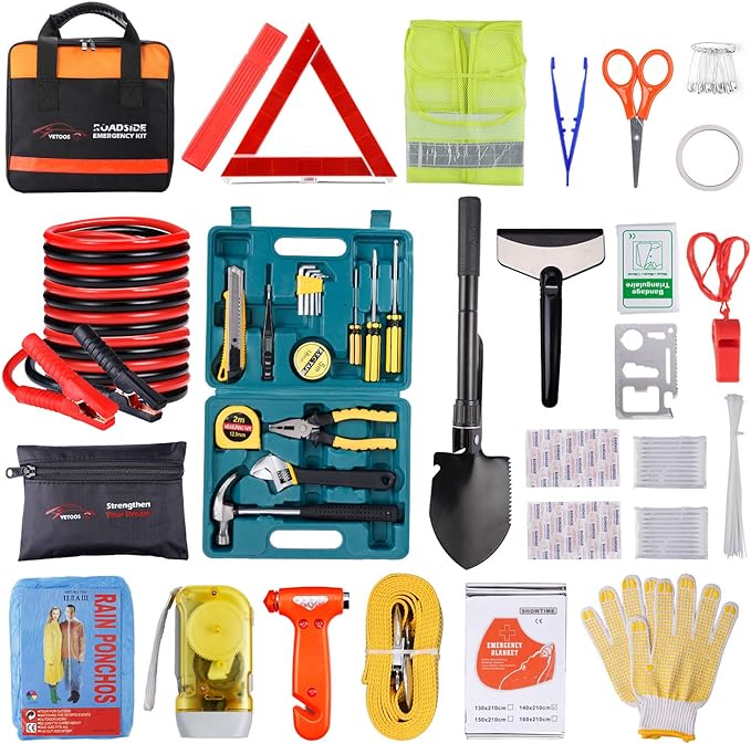 Vetoos Car Roadside Emergency Kit with Jumper Cables, Auto Vehicle Safety Road Side Assistance Kits, Winter Car Kit Essentials for Women and Men, with Car Repair Tool Set, Folding Survival Shovel