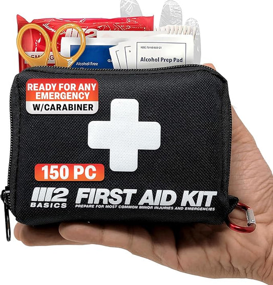 All-Purpose 150 Piece Mini First Aid Kit – M2 BASICS First Aid Kit for Car, Vehicle, Backpack, Travel, Camping, Hiking, Outdoors, Home - Compact Emergency Medical Supplies