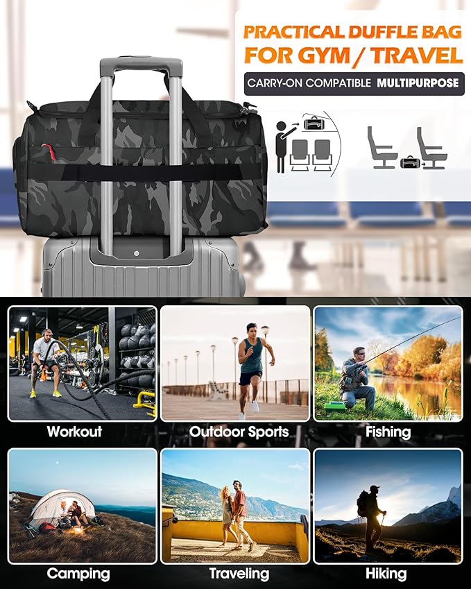 RAINSMORE Gym Bag for Men, 45L Sports Travel Duffel Bag with Shoe & Laptop Compartment, Gym Workout Backpack Carry On Weekender Bag Overnight Backpack for Travel, Black Camo