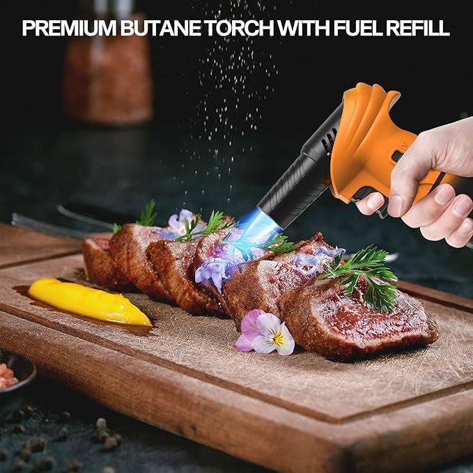 Butane Torch Lighter, 0-90°Rotating Angle Butane Lighter, Refillable Kitchen Torch with Safety Lock, Adjustable Flame for Soldering (Orange and Black)