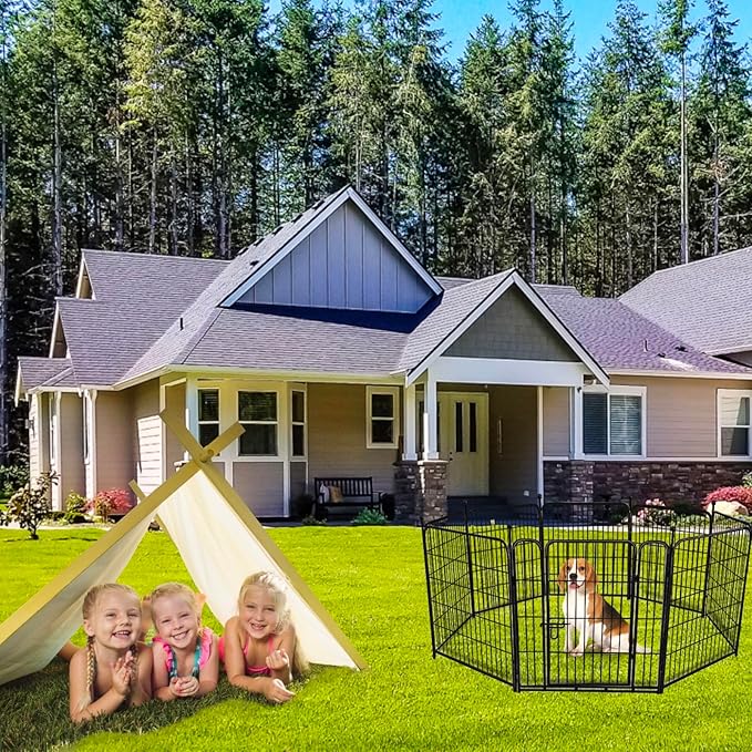 ADAVIN 32 in(H) Garden Fence with Low Threshold Door, 12 Panels Total 26.6 Ft(L) Tall Yard Fence for Dogs, Garden Fences Border, Black Iron Metal Heavy Duty Dog Fencing for Yard or Camping