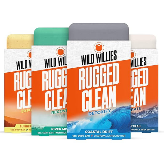 Wild Willies Moisturizing Mens Bar Soap - Bath Soaps with Shea Butter for Odor Protection - Natural Body Bar for Men - Variety Pack, 4 Pack