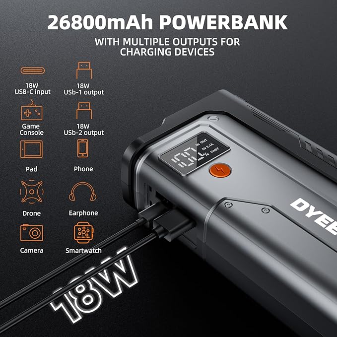 6000A Jump Starter, 12V Portable Car Jump Starter Battery Pack (All Gas and 10.0L Diesel Engines), 26800mAh Lithium Jump Box with Booster, LED Light, Jumper Cable