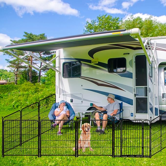 ADAVIN 32 in(H) Garden Fence with Low Threshold Door, 12 Panels Total 26.6 Ft(L) Tall Yard Fence for Dogs, Garden Fences Border, Black Iron Metal Heavy Duty Dog Fencing for Yard or Camping