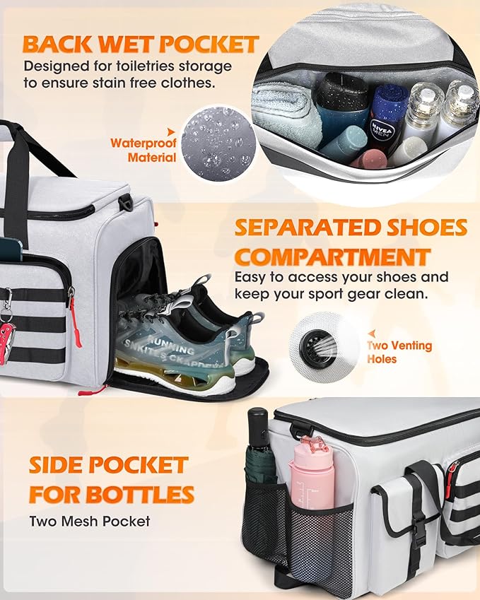 RAINSMORE Gym Bag for Men, 45L Sports Travel Duffel Bag with Shoe & Laptop Compartment, Gym Workout Backpack Carry On Weekender Bag Overnight Backpack for Travel, Grey