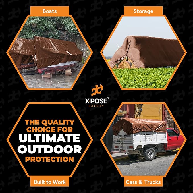 10' x 12' Super Heavy Duty 16 Mil Brown Poly Tarp Cover - Thick Waterproof, UV Resistant, Rip and Tear Proof Tarpaulin with Grommets and Reinforced Edges - by Xpose Safety