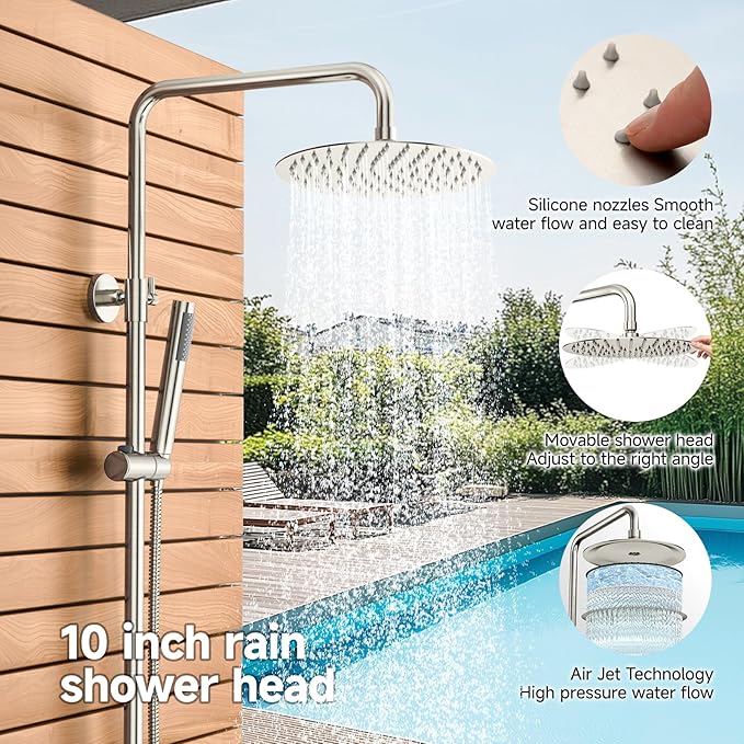 Rainsworth Outdoor Shower Kit Brushed Nickel - Single Handle Brass Valve, 10 Inch Rain Shower Head and Handheld Spray Shower Fixture Combo, SUS 304 Stainless Steel Wall-Mounted Faucet