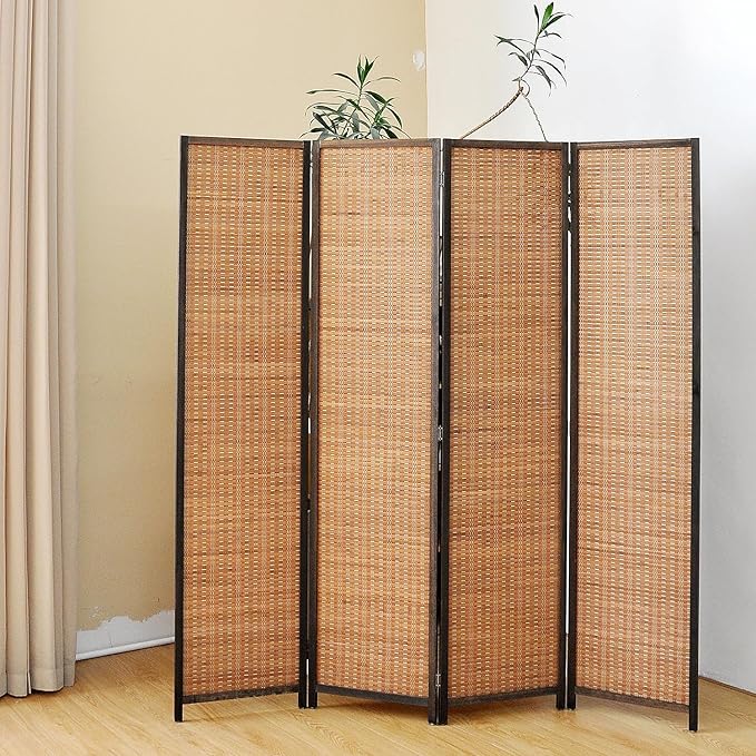4 Panel Room Divider Screen,5.6 FT Tall Bamboo Panel Divider Folding Privacy Screen,Freestanding Room Divider for Room Seperation,Brown