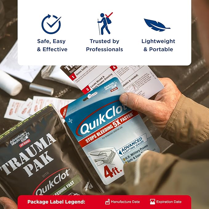Adventure Medical Kits QuikClot Gauze - Flexible Hemostatic Medical Gauze for Emergency Survival or Disaster Preparedness Kits & More - Stops Bleeding Fast with Kaolin - 3" x 24" (2 Strips)