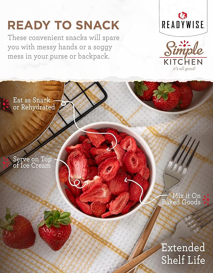 READYWISE - Simple Kitchen Freeze Dried Strawberries, 18 Servings, Vegan, Gluten Free, Healthy Snack, Survival Food, Dried Fruit, Strawberries