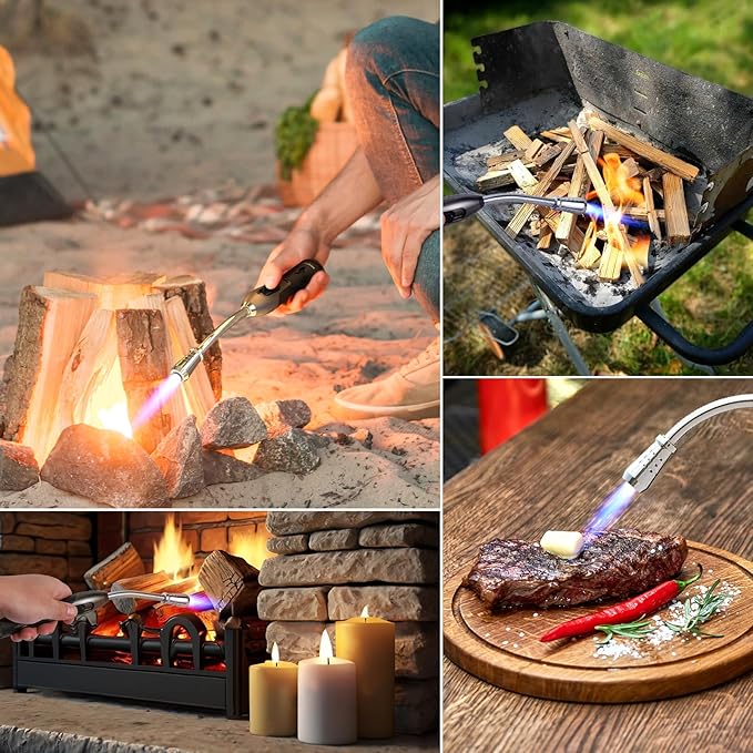Butane Lighter Torch Long Lighter for Grill Fireplace, Refillable Lighter Windproof with Visual Fuel Window Flexible Extra Long Torch Lighter for Camping BBQ Candles (No Butane Included)