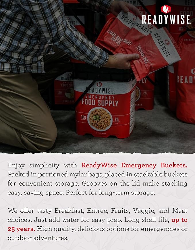 ReadyWise Emergency Food Supply - 104 Servings Variety Pack Bucket, Protein Meals, Dehydrated & Freeze Dried Food for Backpacking, Camping Essentials & Prepping Supplies, up to 25 Year Shelf Life