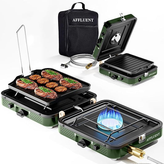 AFFLUENT 2 Burner Propane Camping Stove with Grill and Storage Bag- A Must - Have Camp Stove Propane! Foldable, Featuring Two Adjustable Burners Ideal Portable Camping Stove for Camping & BBQ(Green)