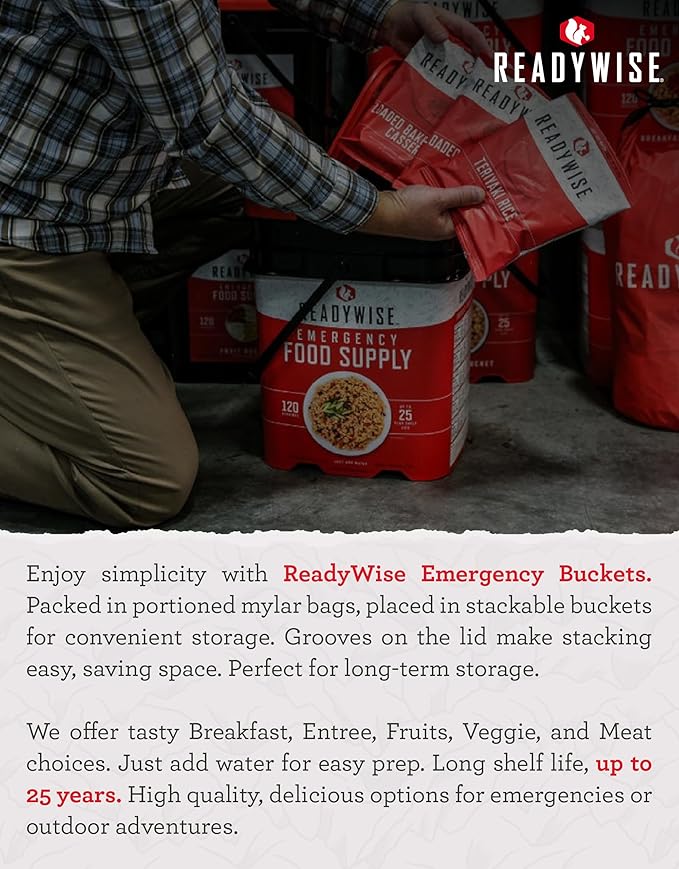 ReadyWise 1 Year Emergency Food Supply - 3,576 Servings, 24 Buckets, Freeze Dried Protein Meals, Disaster Survival Food Storage, Ready to Eat, Camping Essentials, up to 25 Year Shelf Life