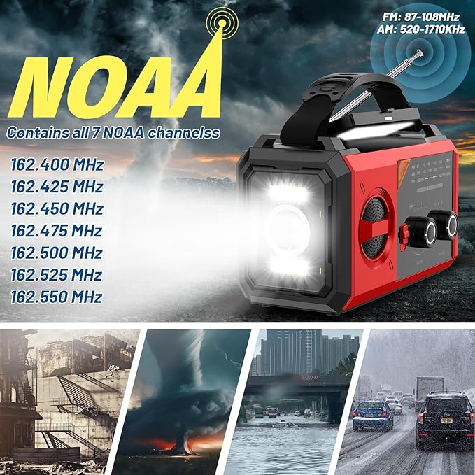 30000mAh Hand Crank Emergency Radio - Solar Portable Weather Radio AM FM NOAA with 3 Mode Flashlight & Reading Lamp, Headphone Jack, Cell Phone Charger, SOS for Emergency, Red