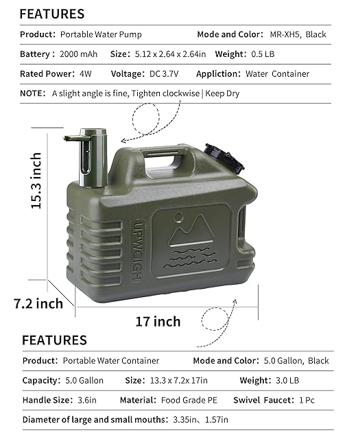 UPWOIGH Portable 5 Gallon Water Jug with Automatic Touch Control Pump, Truly Leak-Proof BPA-Free Water Container with Spigot, Type-C Rechargeable Military Green Water Pump Gear for Camping Hiking