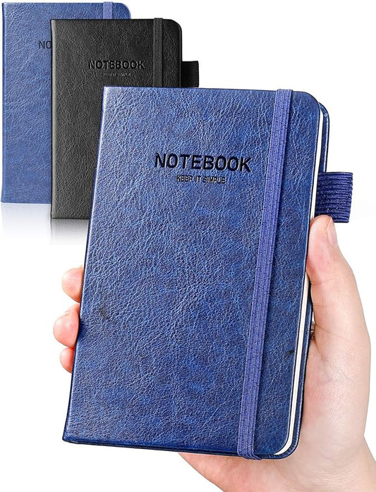 AISBUGUR Pocket Notebook Small Notebook 2-Pack, 3.5" x 5.5" Pocket Notebooks Hardcover with Thick Lined Paper, Inner Pockets, Cover Letter Embossing Design Mini Journal Notepad 1Black 1Blue Leather