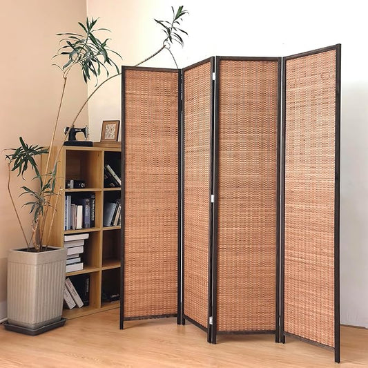 4 Panel Room Divider Screen,5.6 FT Tall Bamboo Panel Divider Folding Privacy Screen,Freestanding Room Divider for Room Seperation,Brown