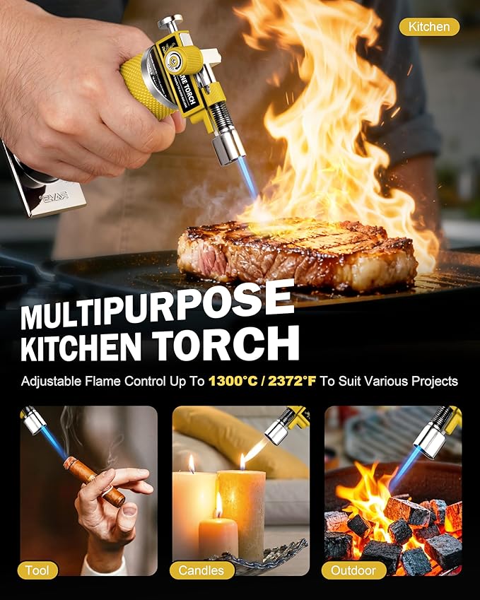 RAVS 2 Flame Mode Butane Torch Lighter, Refillable Kitchen Torch with Adjustable Flame and Safety Buckle, Yellow Jewelry Torch for Welding, Resin Art, Industrial, Butane Fuel not Include