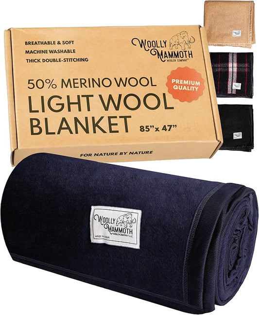 Woolly Mammoth Wool Blanket, Warm & Thick 50% Wool Blankets - Machine-Washable, Travel Blanket, Warm Winter Outdoor Blanket - 85" x 47" Navy Blue