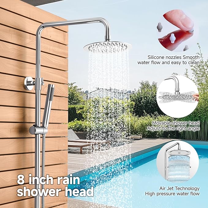 Rainsworth Outdoor Shower Kit Chrom - Single Handle Brass Valve, 8 Inch Rain Shower Head and Handheld Spray Shower Fixture Combo, SUS 304 Stainless Steel Wall-Mounted Faucet