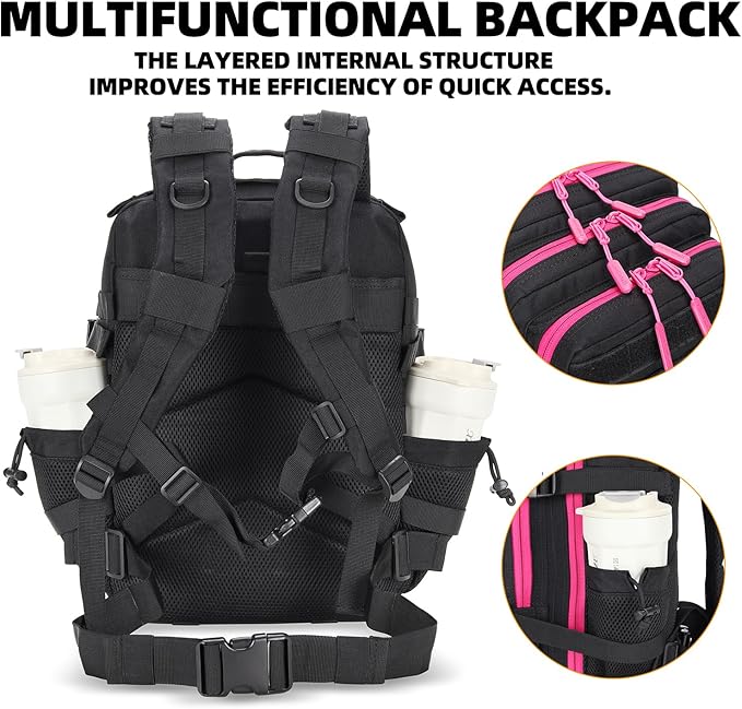 25L Tactical Military Backpack Small Travel Backpack for Men and Women Assault Pack Bug Out Bag Molle Daypack Gym Backpack with Bottle Holder (Black Neon Pink)
